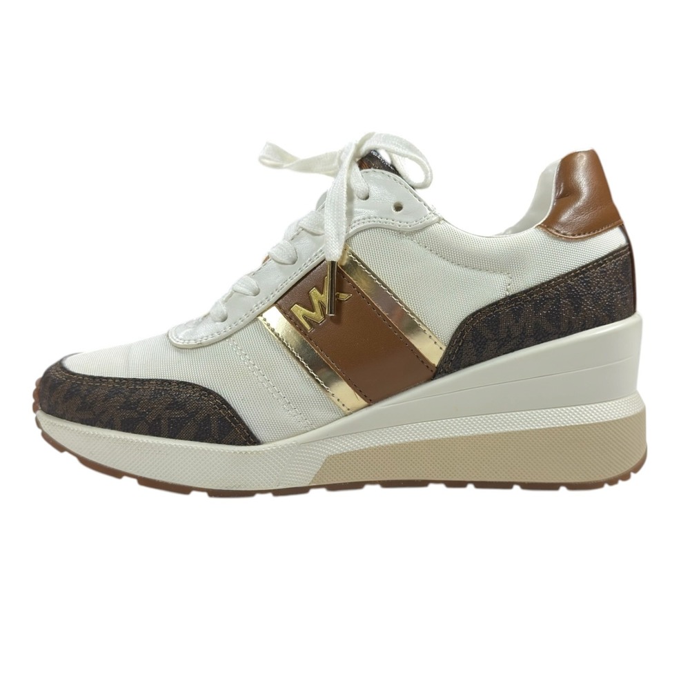 Michael Kors Georgie Wedge Sneakers 7 Brown White Logo Trainer Luxury Streetwear - Picture 6 of 11